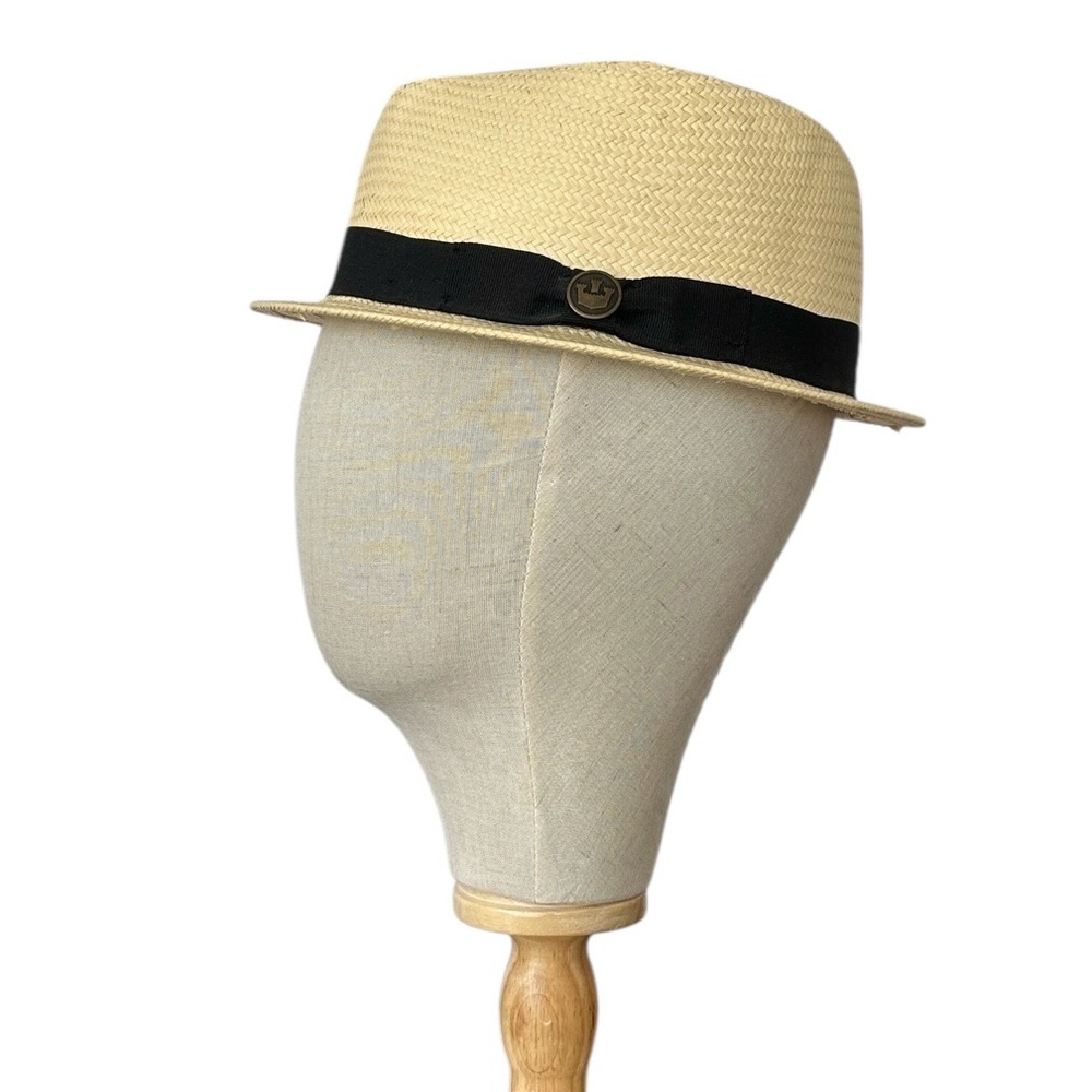 Goorin Bros Cream Sisal Fedora with Black Ribbon Band and Logo Button One Size